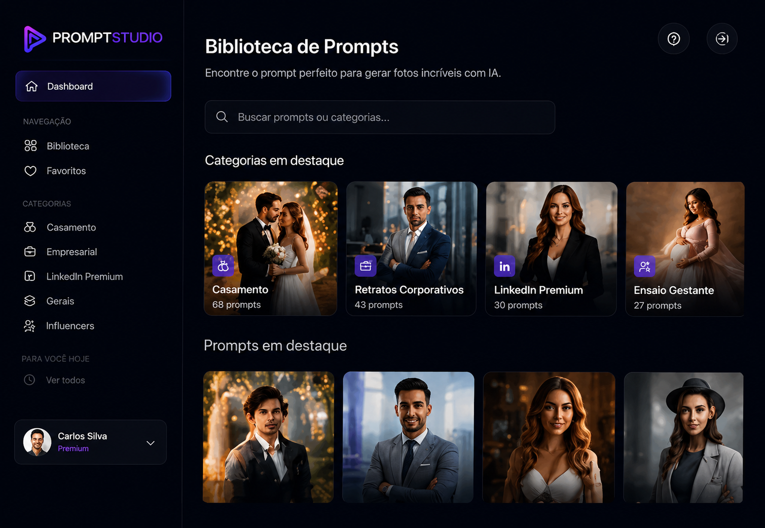 Interface PromptStudio com biblioteca de prompts para fotos com IA